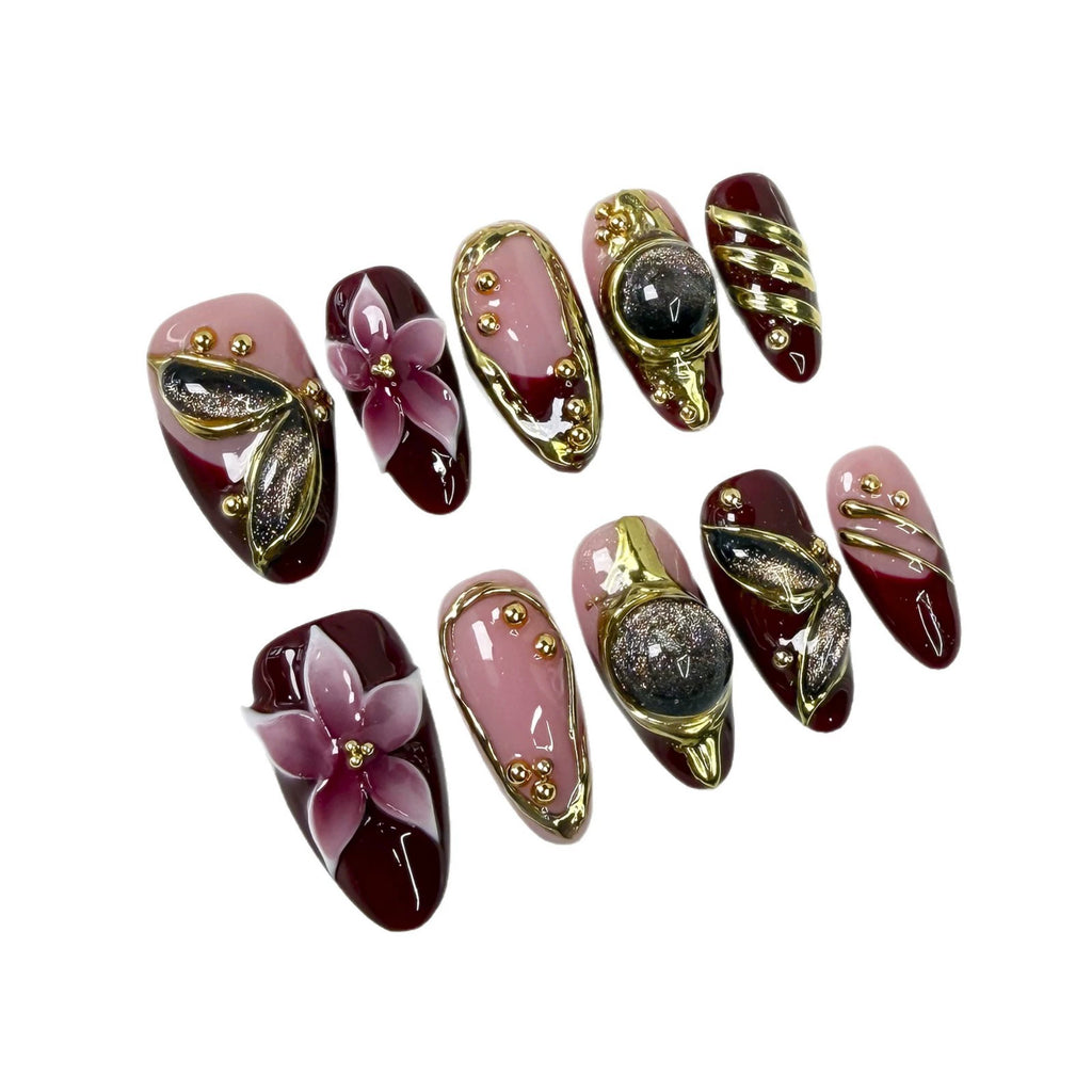 Burgundy Rose & Gold 3D Luxury Floral Nails – Medium Almond Press-On Set