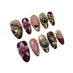 Burgundy Rose & Gold 3D Luxury Floral Nails – Medium Almond Press-On Set