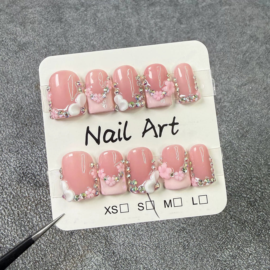 Sweet Nude Pink Heart Press-On Nails | 3D Flower & Rhinestone Dreamy Nail Art | Romantic Nails for Valentine’s Day & Daily Wear
