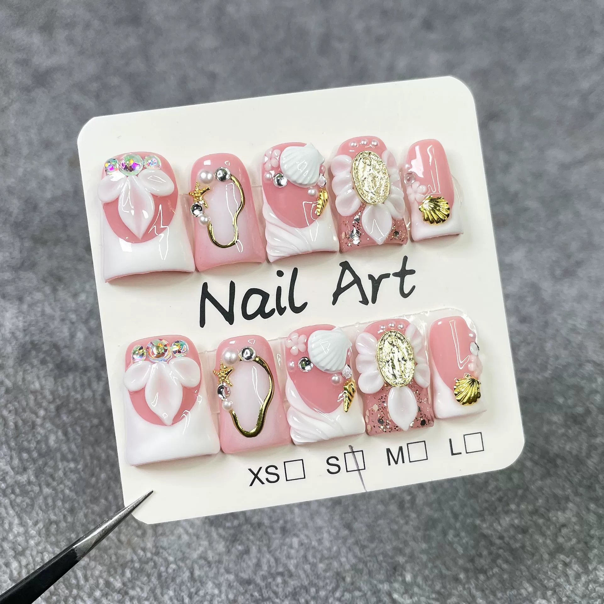Ocean Dream Press-On Nails | Pink & White with Shells, Starfish & Pearls | Romantic Coastal Nail Art