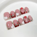Burgundy & Nude Pink Press-On Nails | 3D Heart & Flower Nail Art | Sweet Punk Glam Nails with Rhinestone Accents