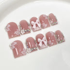 Romantic Pink Bow Press-On Nails | 3D Flower & Rhinestone Princess Nail Art | Sweet Nude Pink Nails for Valentine’s Day & Daily Glam
