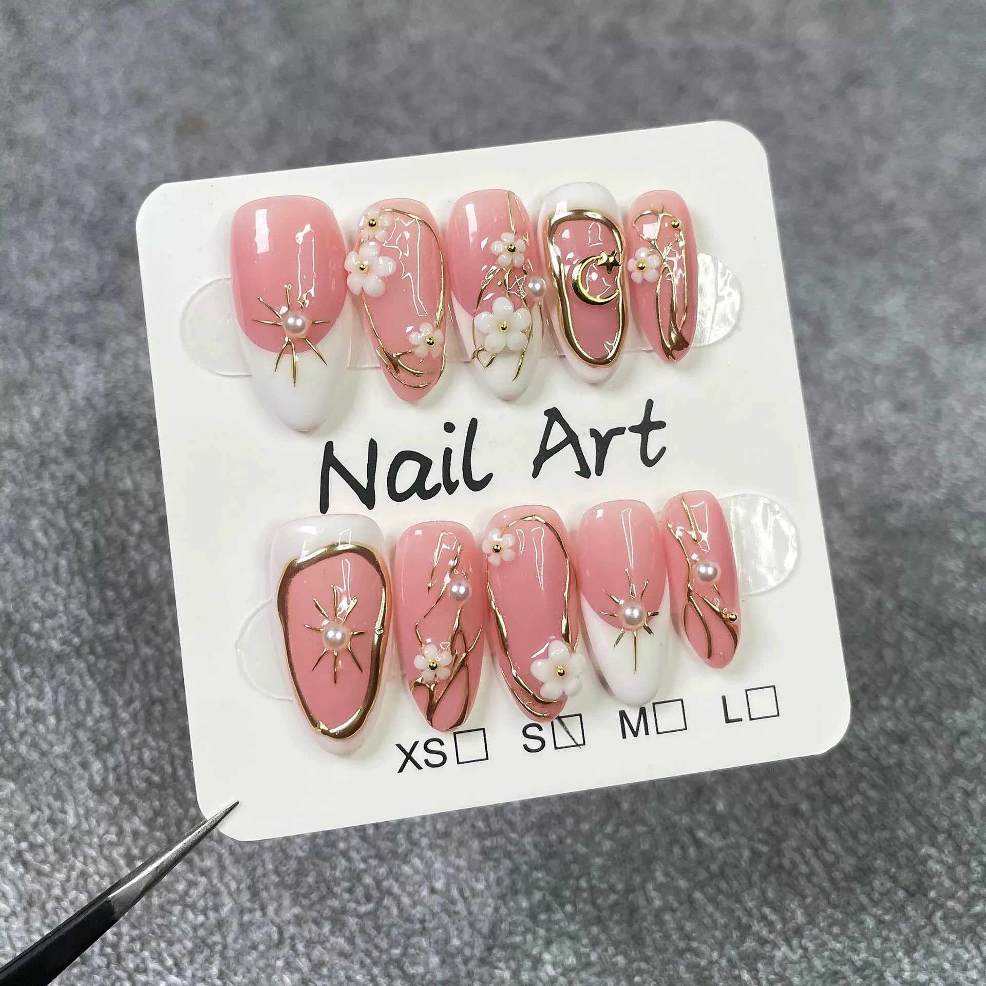 Pink–White 3D Flower Pearl Nails – Elegant Medium Almond Press-Ons