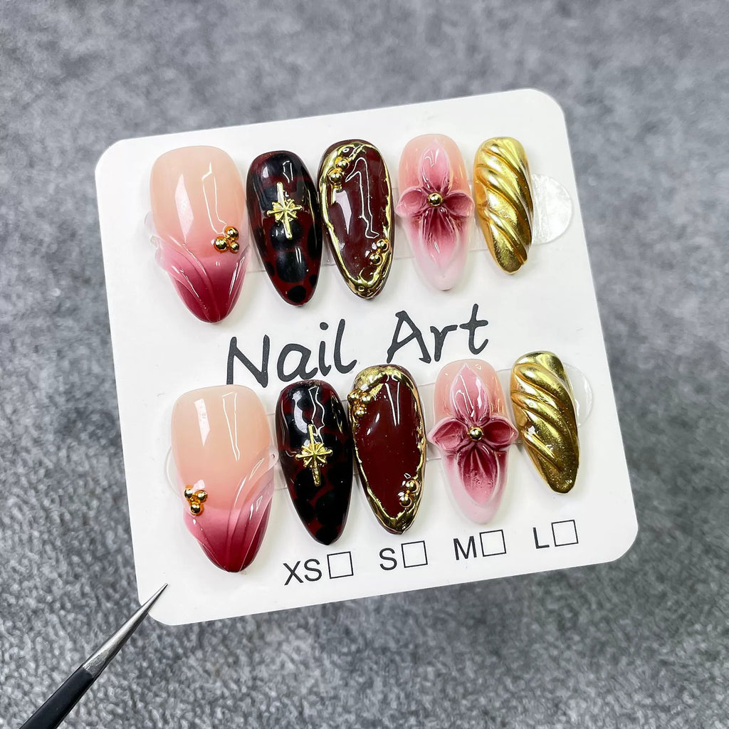 Floral & Leopard Textured Almond Nails – Pink Brown Gold Artistic Press-Ons