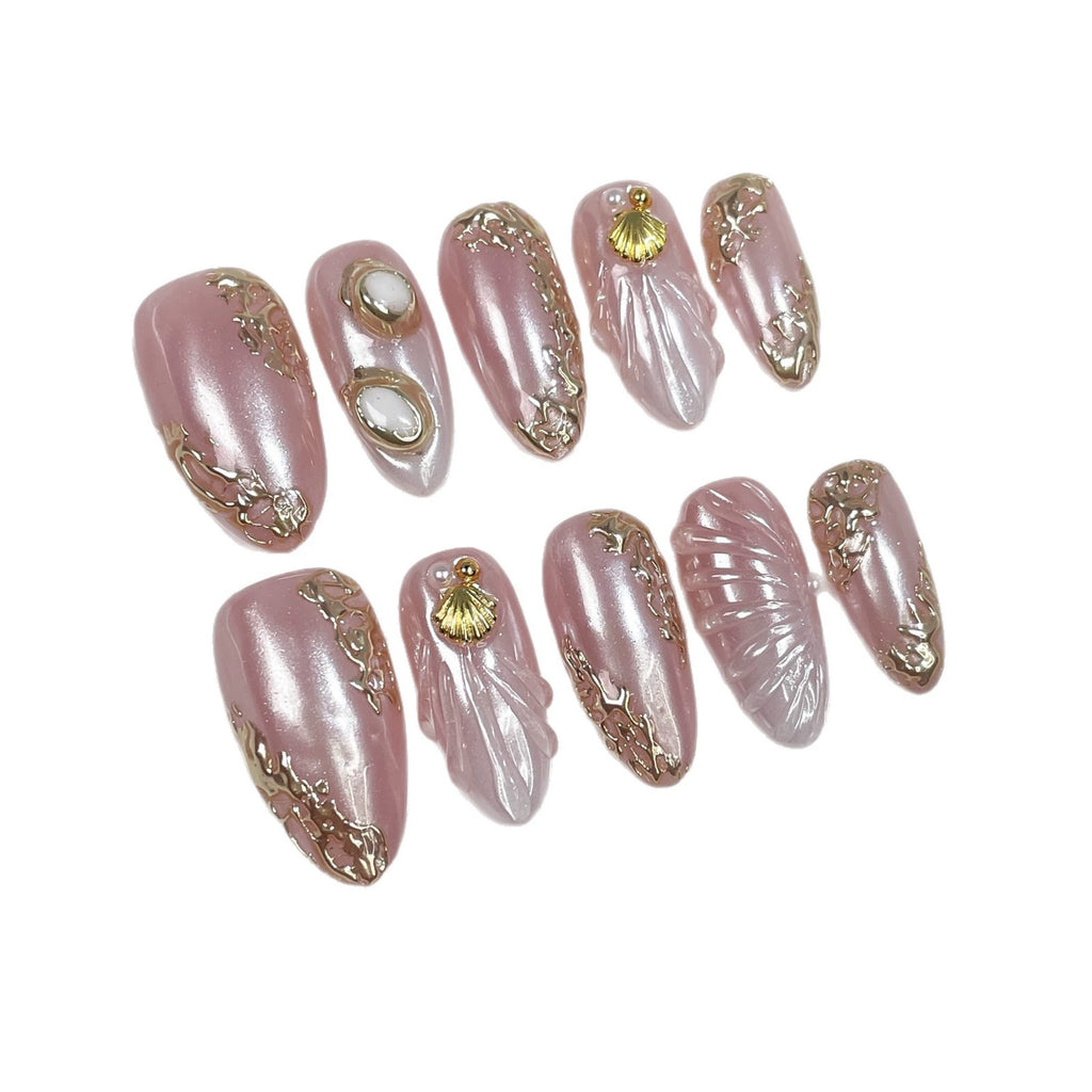 Pink Gold Pearl Seashell Nails – 3D Ocean-Inspired Almond Press-On Set