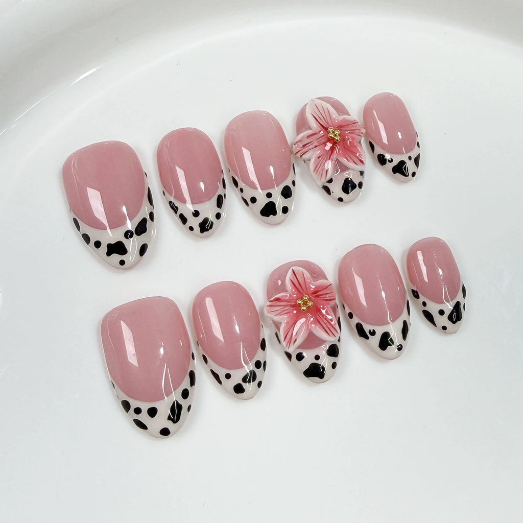 Nude Pink Press-On Nails | Cow Print & 3D Flower Design | Sweet Cool Nail Art with Gold Accents