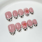 Nude Pink Press-On Nails | Cow Print & 3D Flower Design | Sweet Cool Nail Art with Gold Accents