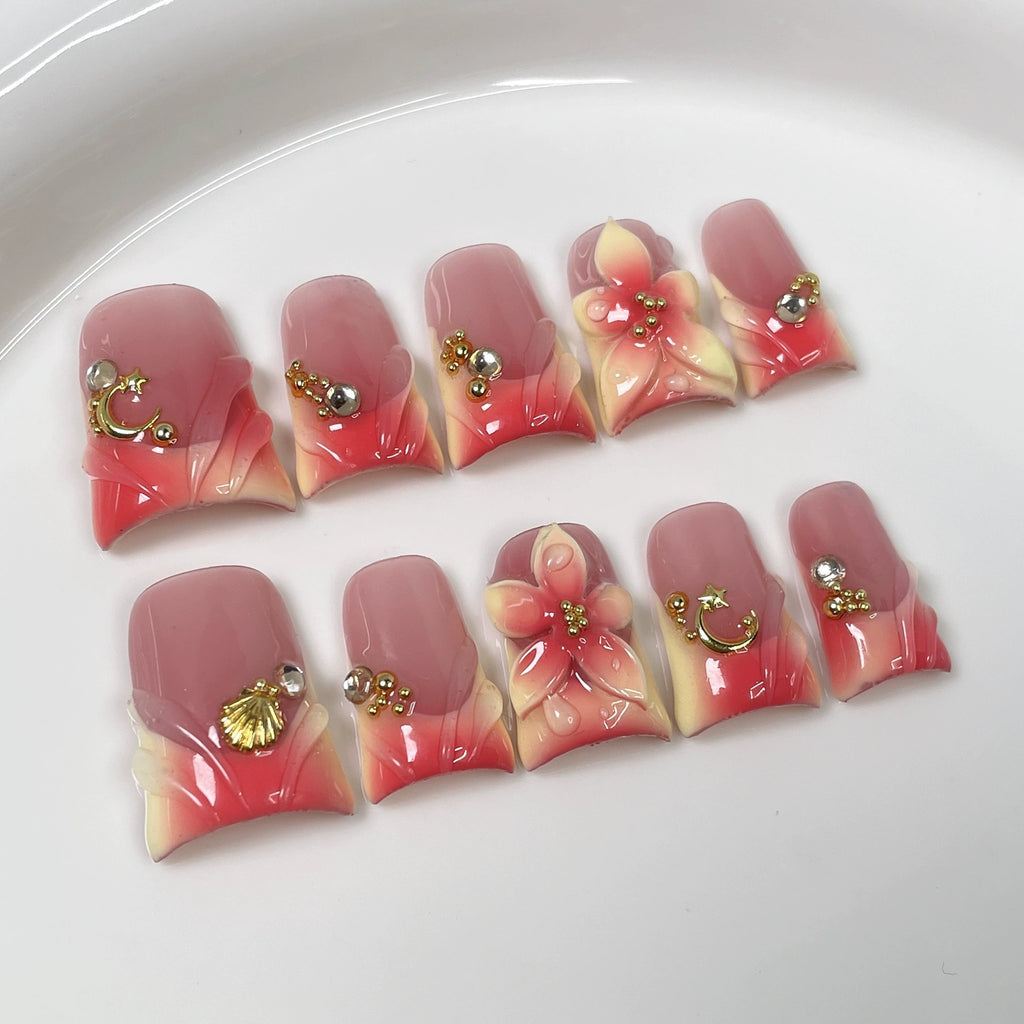 Pink-Orange Gradient Fairy Tale Press-On Nails | 3D Floral & Moon Shell Design | Dreamy Romantic Nail Art