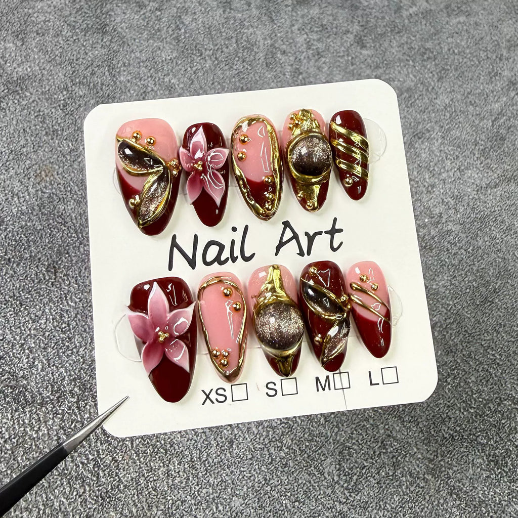 Burgundy Rose & Gold 3D Luxury Floral Nails – Medium Almond Press-On Set