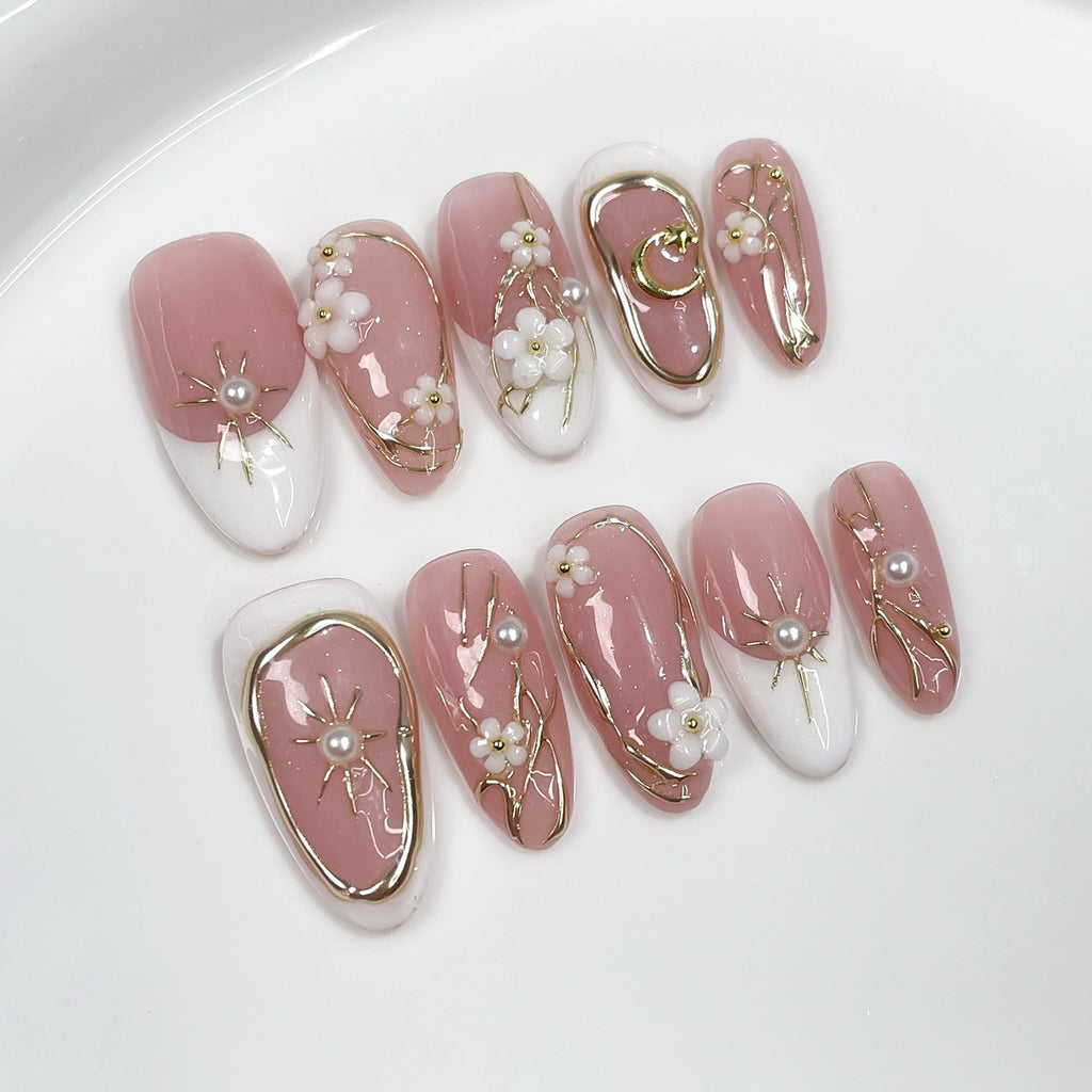 Pink–White 3D Flower Pearl Nails – Elegant Medium Almond Press-Ons