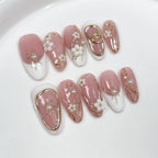 Pink–White 3D Flower Pearl Nails – Elegant Medium Almond Press-Ons