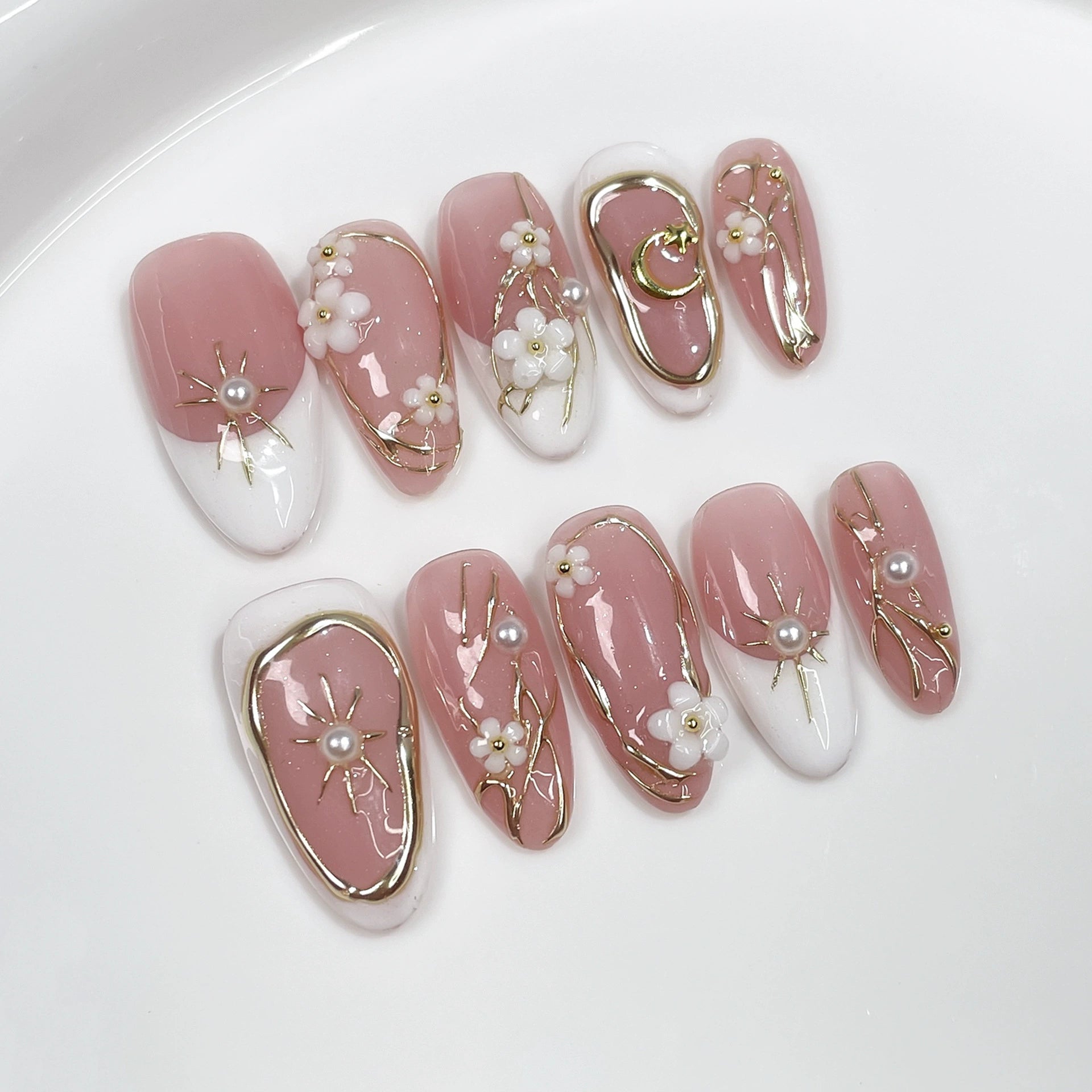 Pink–White 3D Flower Pearl Nails – Elegant Medium Almond Press-Ons
