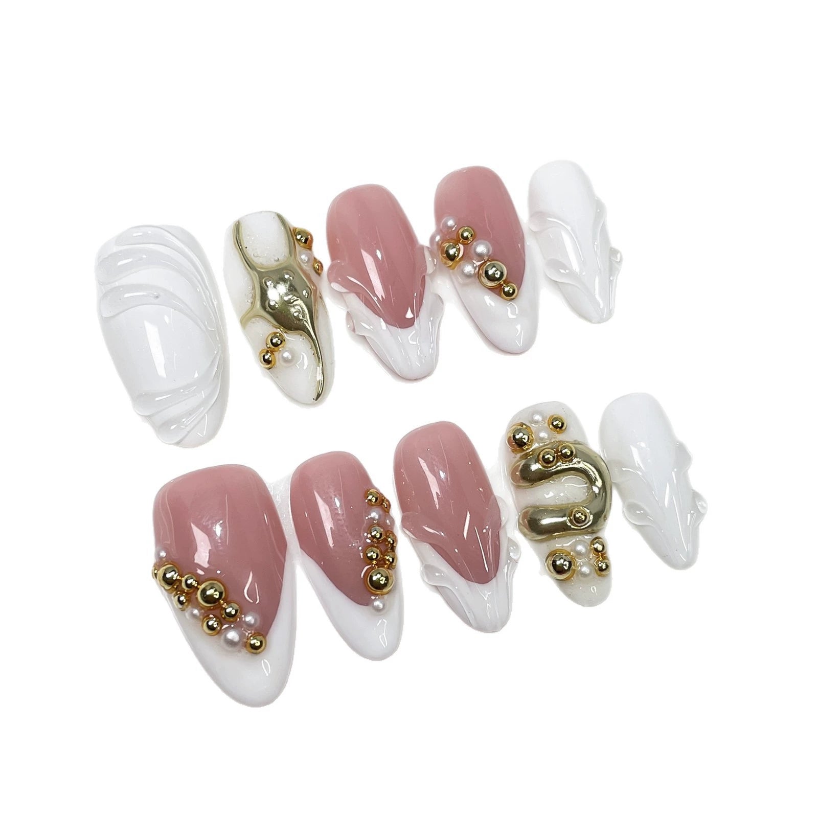 Pink–White Sculpted Metallic Bead Nails – Artistic Medium Almond Press-Ons