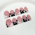 Nude Pink and Black Press-On Nails | 3D Heart & Flower Design | Sweet Cool Nail Art with Rhinestones