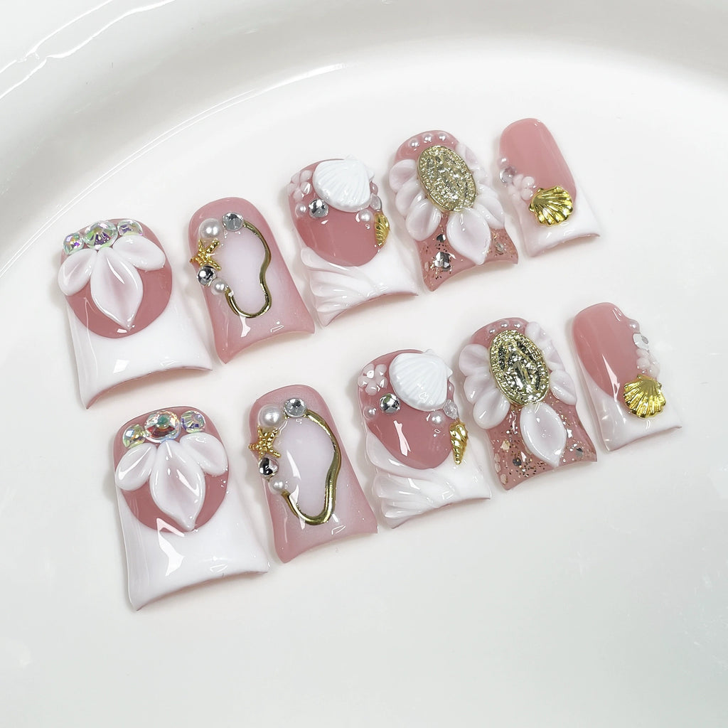 Ocean Dream Press-On Nails | Pink & White with Shells, Starfish & Pearls | Romantic Coastal Nail Art