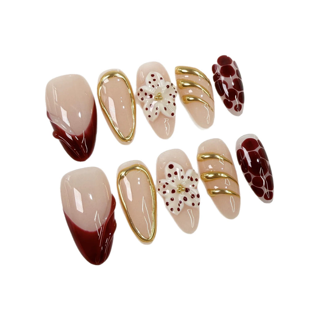 Nude Pink Burgundy Bloom Nails – Luxury 3D Gold-Accented Almond Set