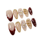 Nude Pink Burgundy Bloom Nails – Luxury 3D Gold-Accented Almond Set