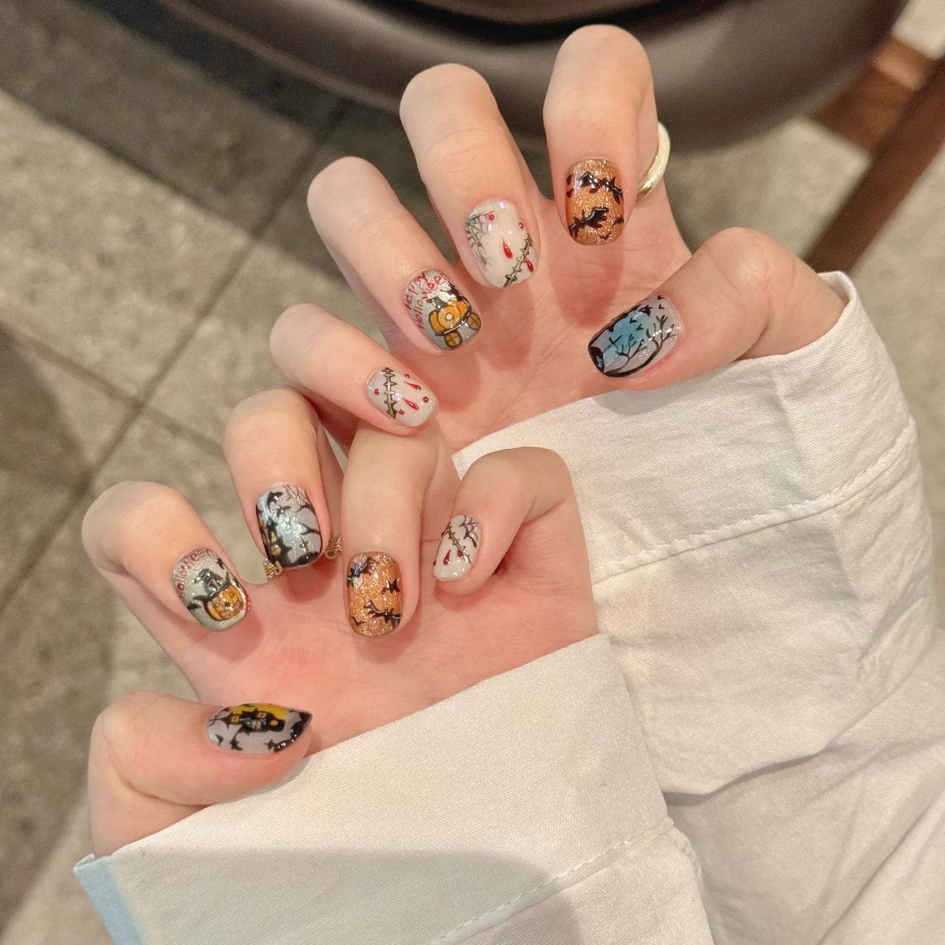 HALLOWEEN NAILS-TEN PIECES OF HANDCRAFTED PRESS ON NAIL