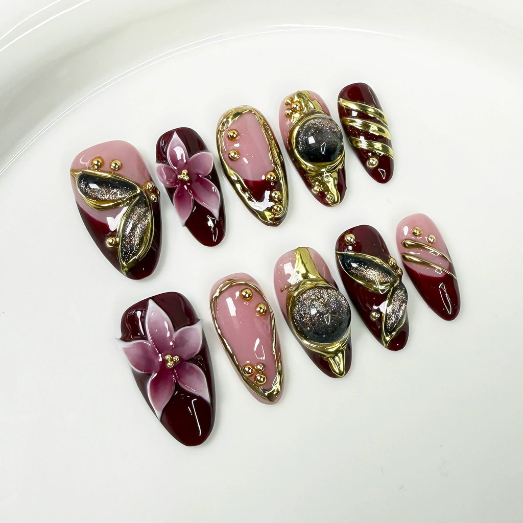 Burgundy Rose & Gold 3D Luxury Floral Nails – Medium Almond Press-On Set