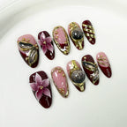 Burgundy Rose & Gold 3D Luxury Floral Nails – Medium Almond Press-On Set