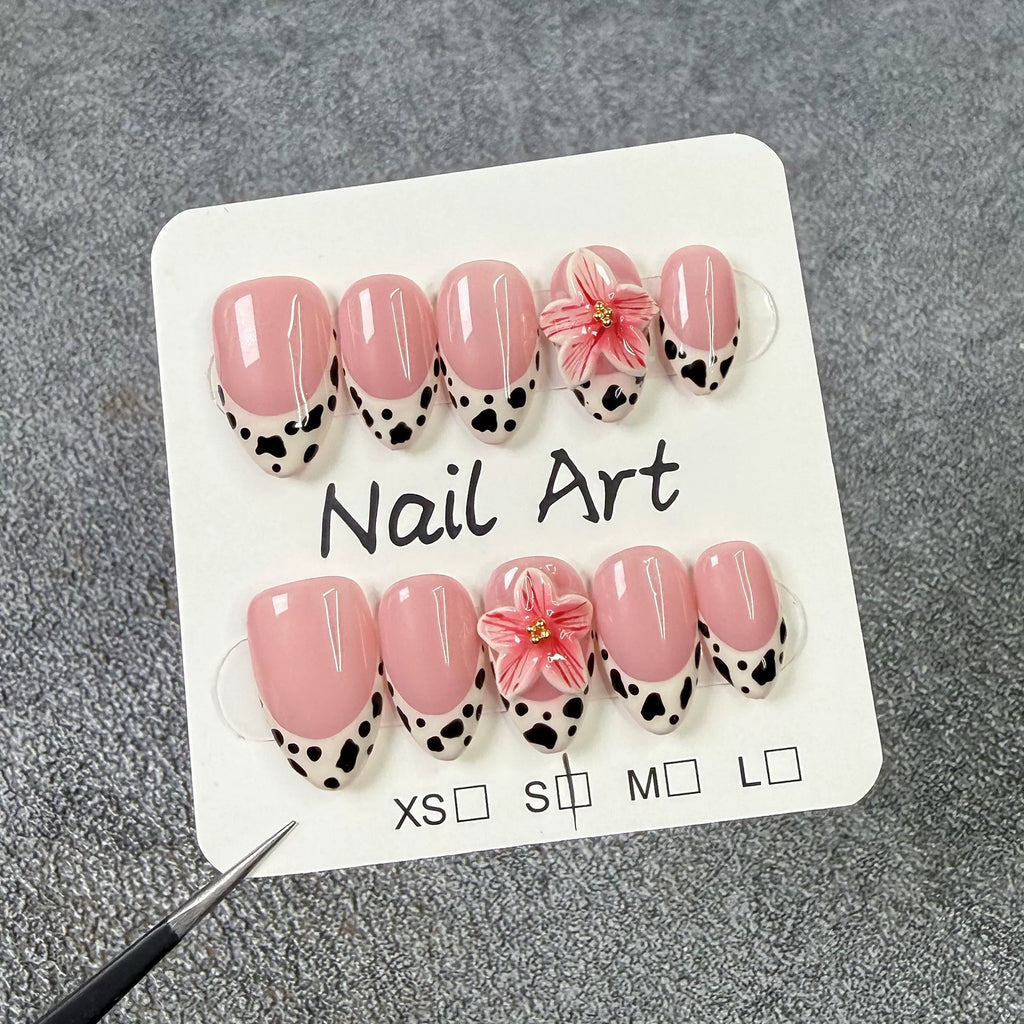 Nude Pink Press-On Nails | Cow Print & 3D Flower Design | Sweet Cool Nail Art with Gold Accents