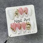 Pink–White Sculpted Metallic Bead Nails – Artistic Medium Almond Press-Ons