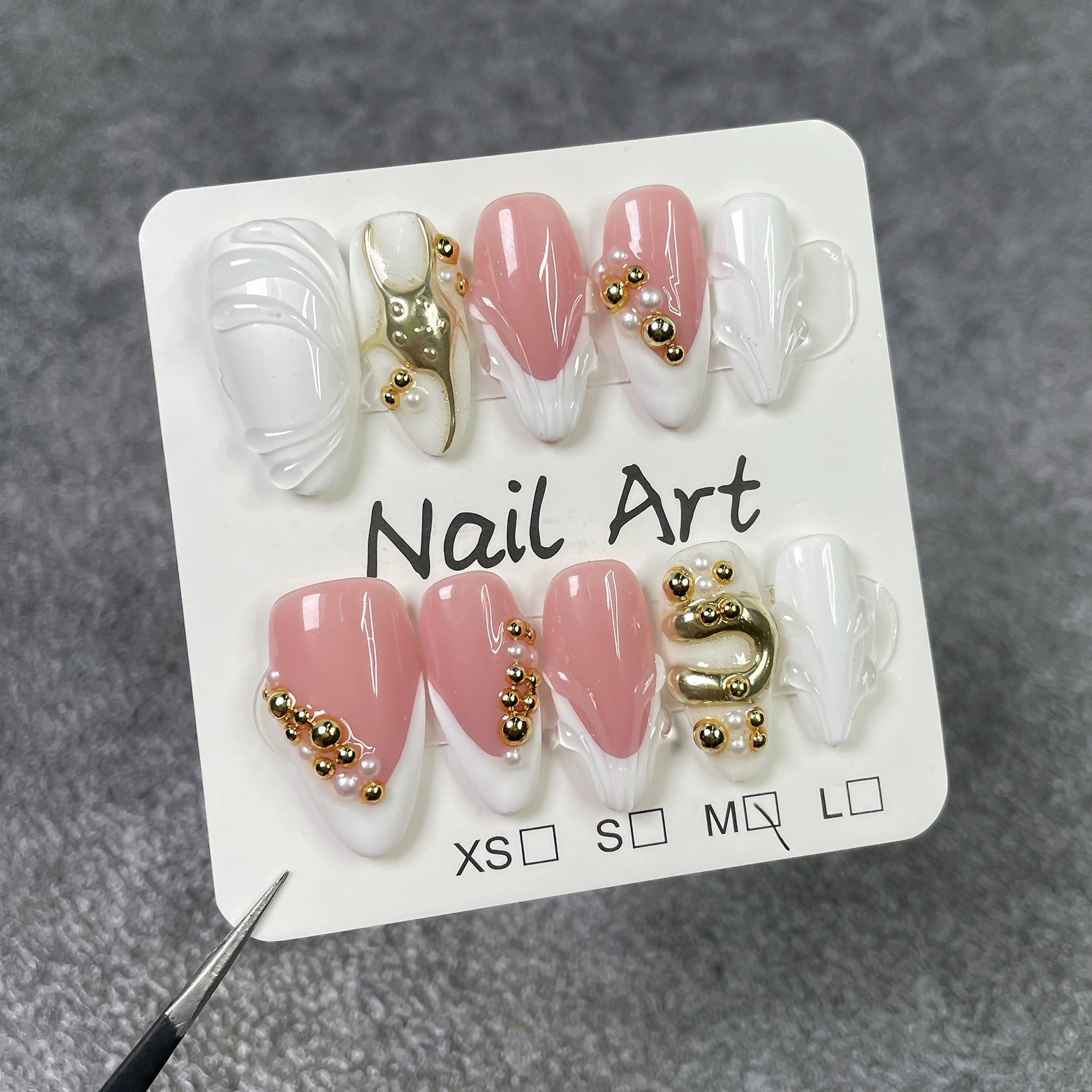 Pink–White Sculpted Metallic Bead Nails – Artistic Medium Almond Press-Ons