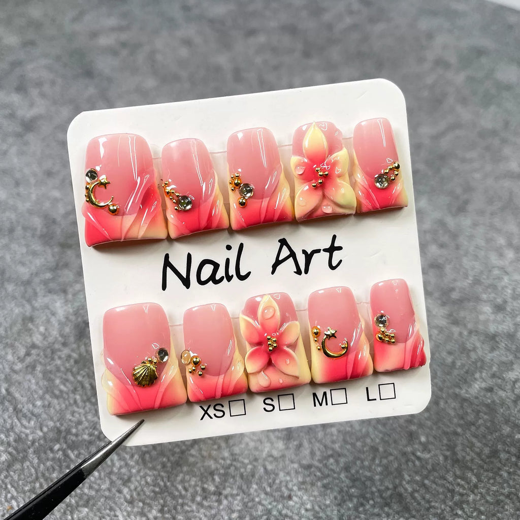 Pink-Orange Gradient Fairy Tale Press-On Nails | 3D Floral & Moon Shell Design | Dreamy Romantic Nail Art