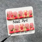 Pink-Orange Gradient Fairy Tale Press-On Nails | 3D Floral & Moon Shell Design | Dreamy Romantic Nail Art