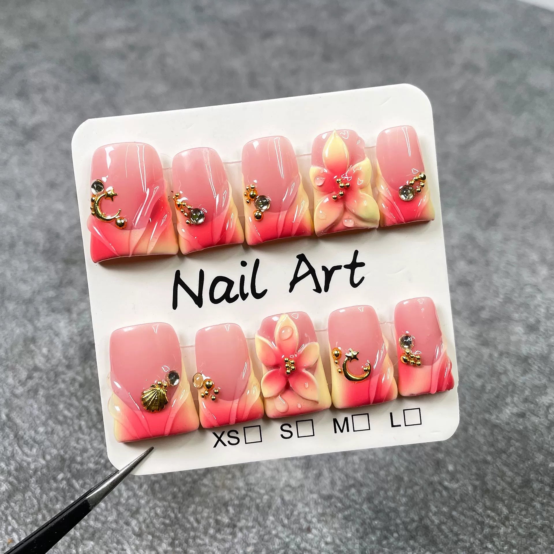 Pink-Orange Gradient Fairy Tale Press-On Nails | 3D Floral & Moon Shell Design | Dreamy Romantic Nail Art