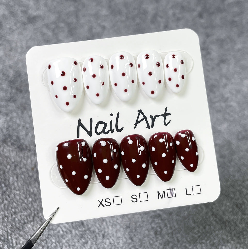Retro French Polka Dot Press-On Nails | Wine Red & White Design | Elegant Vintage Nail Art for Daily Wear
