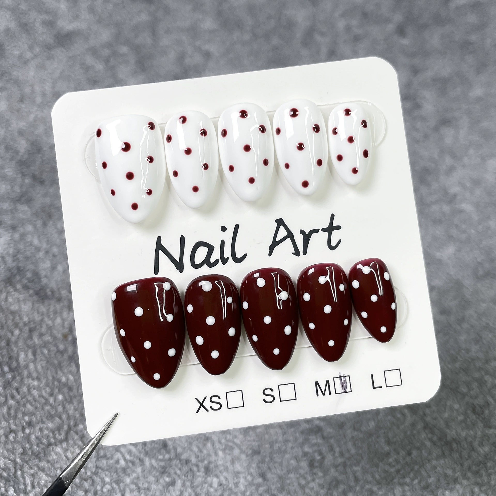 Retro French Polka Dot Press-On Nails | Wine Red & White Design | Elegant Vintage Nail Art for Daily Wear