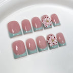 Mint Green & Nude Pink Gradient Press-On Nails | 3D Floral Garden Nail Art | Fresh Spring-Inspired Nails for Daily Wear & Picnics