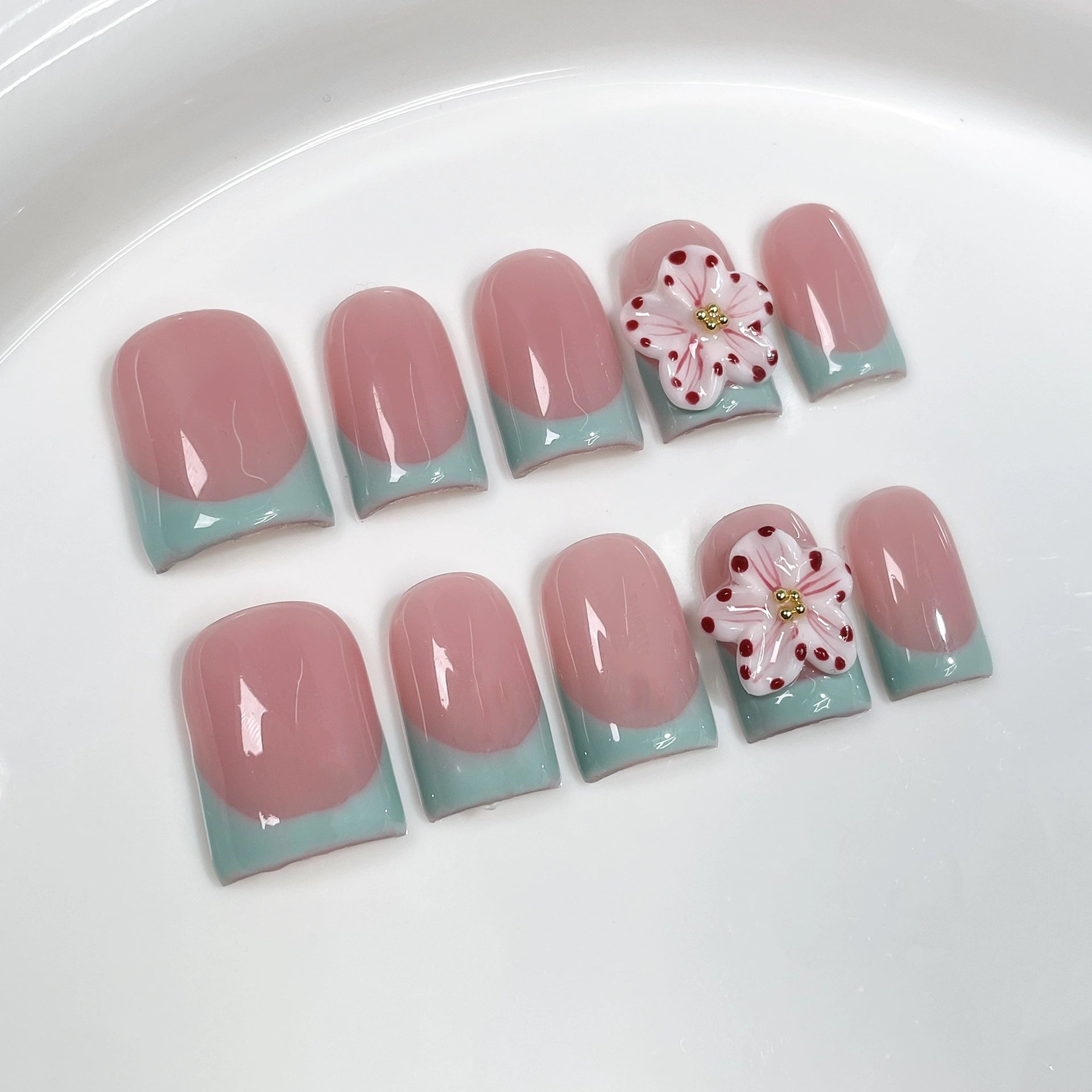 Mint Green & Nude Pink Gradient Press-On Nails | 3D Floral Garden Nail Art | Fresh Spring-Inspired Nails for Daily Wear & Picnics