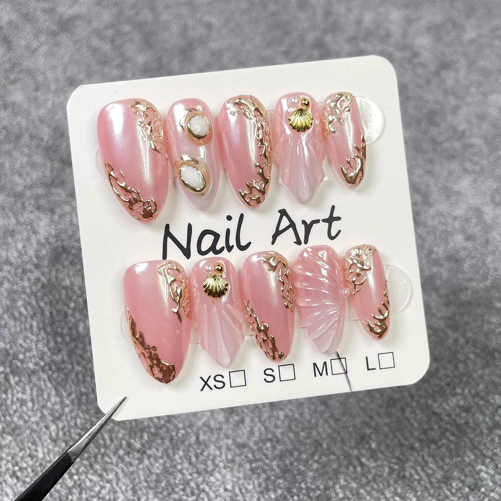 Pink Gold Pearl Seashell Nails – 3D Ocean-Inspired Almond Press-On Set