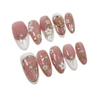 Pink–White 3D Flower Pearl Nails – Elegant Medium Almond Press-Ons