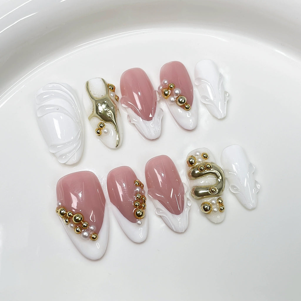 Pink–White Sculpted Metallic Bead Nails – Artistic Medium Almond Press-Ons
