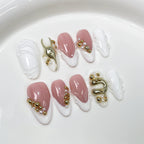 Pink–White Sculpted Metallic Bead Nails – Artistic Medium Almond Press-Ons