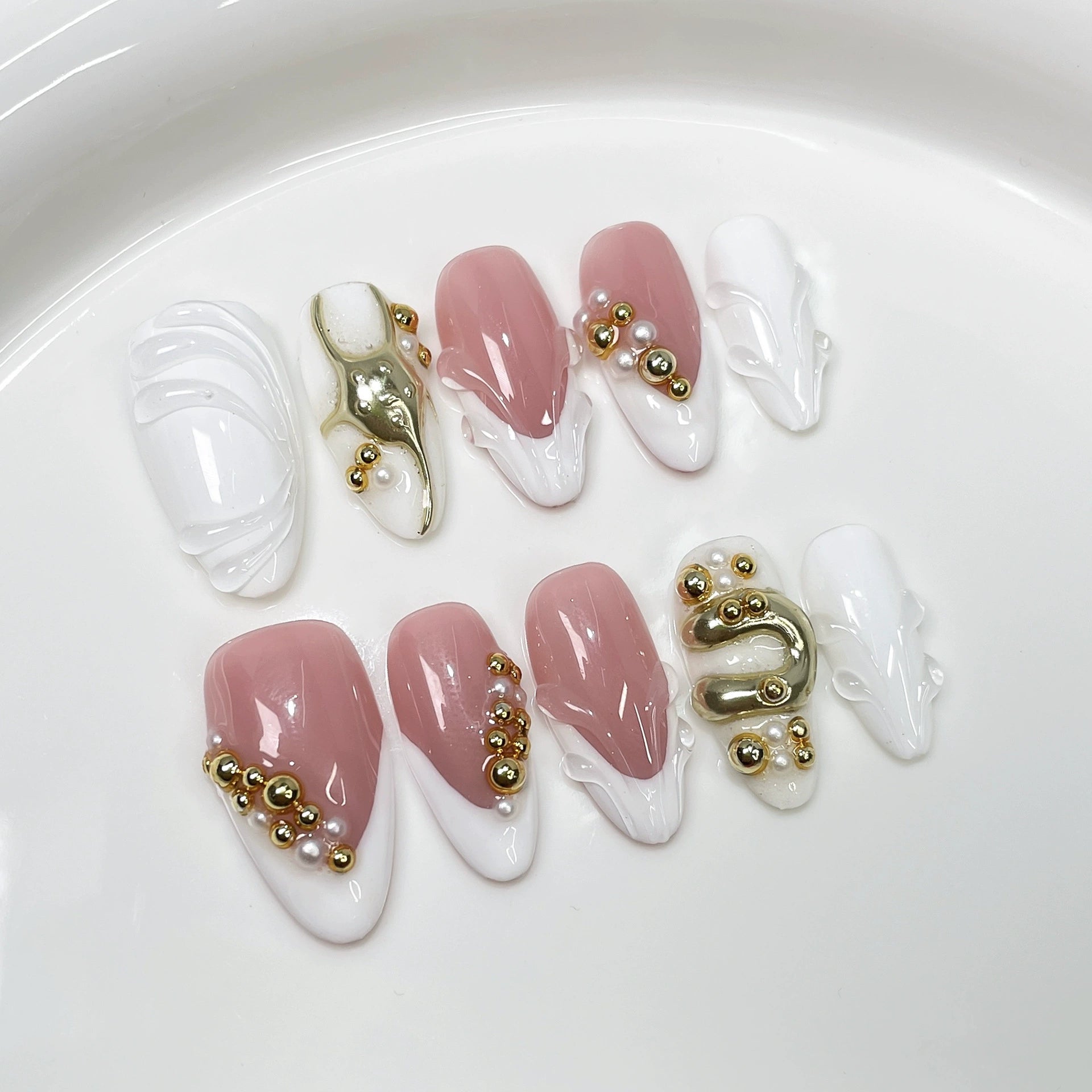 Pink–White Sculpted Metallic Bead Nails – Artistic Medium Almond Press-Ons