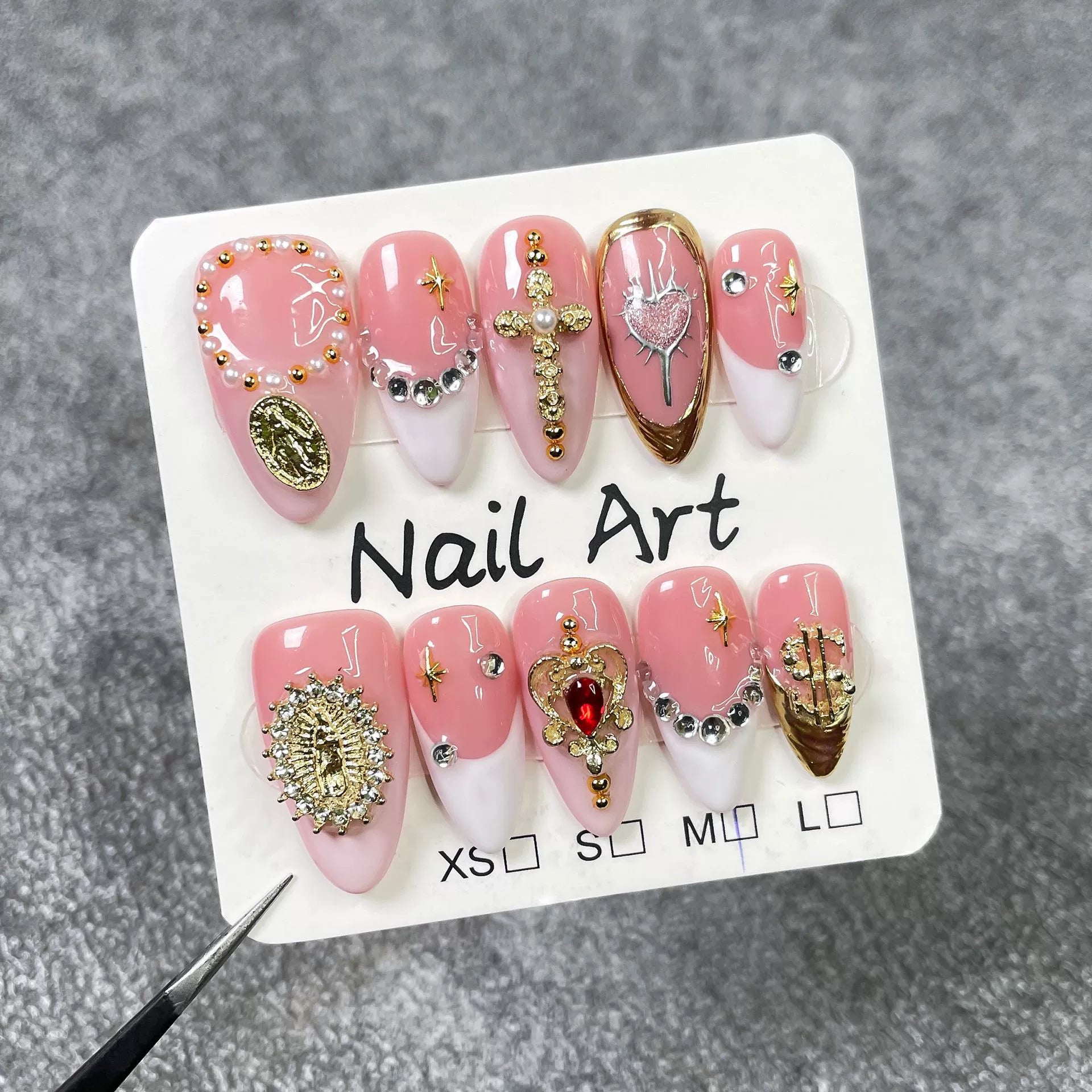 Pink–White Vintage Sacred Nails – Heavy Embellished Gold Cross Almond Press-On Set