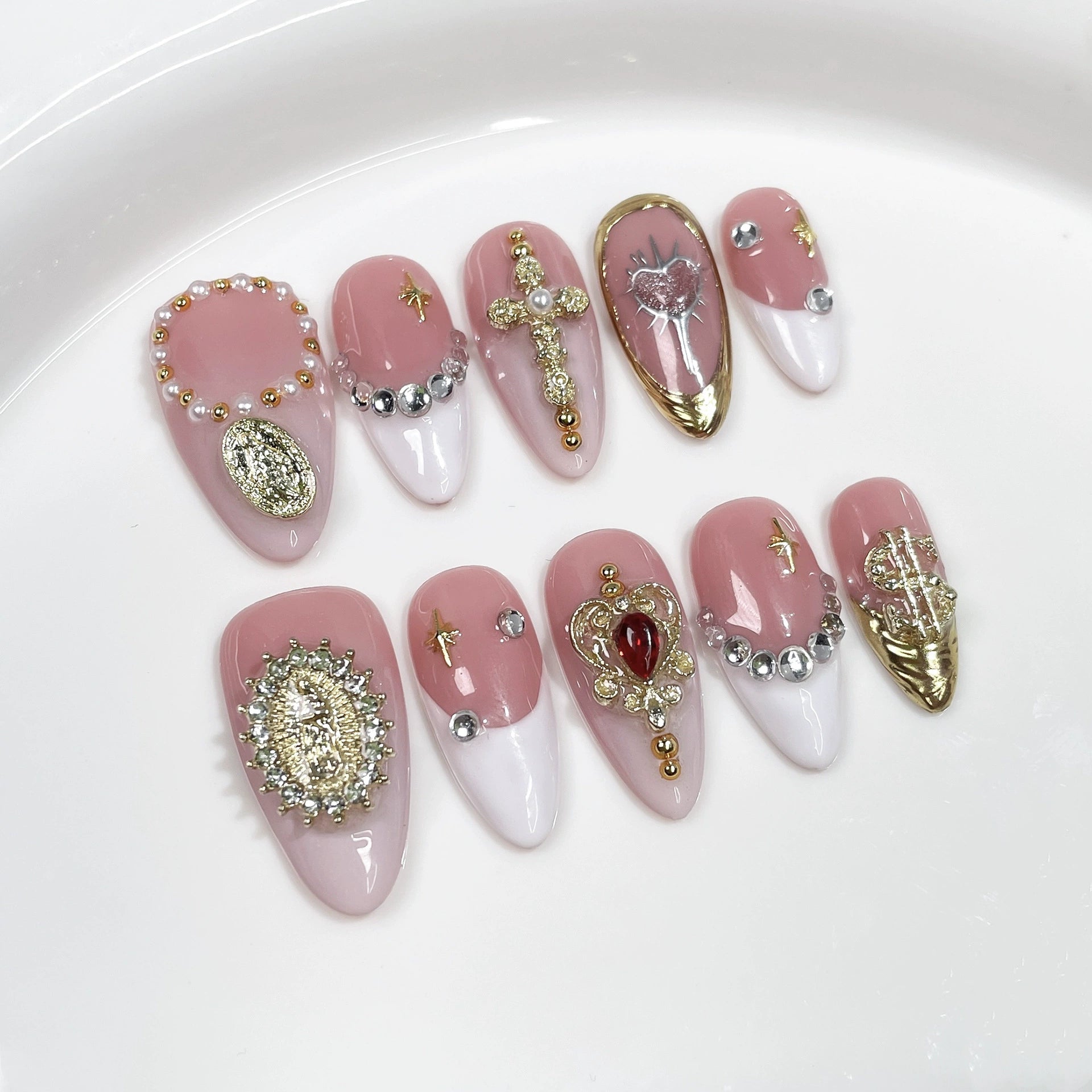 Pink–White Vintage Sacred Nails – Heavy Embellished Gold Cross Almond Press-On Set