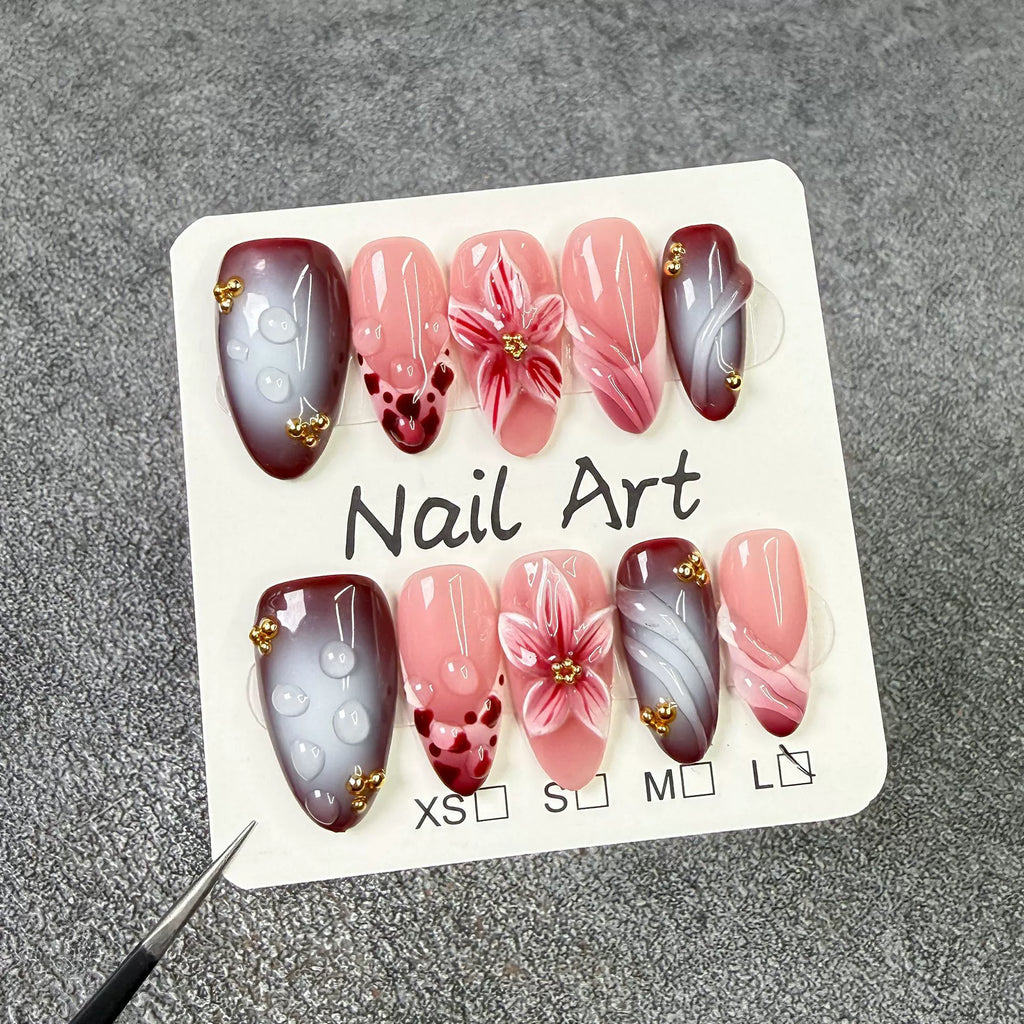 Romantic Pink Lavender 3D Flower Nails – Luxury Almond Press-On Art Set