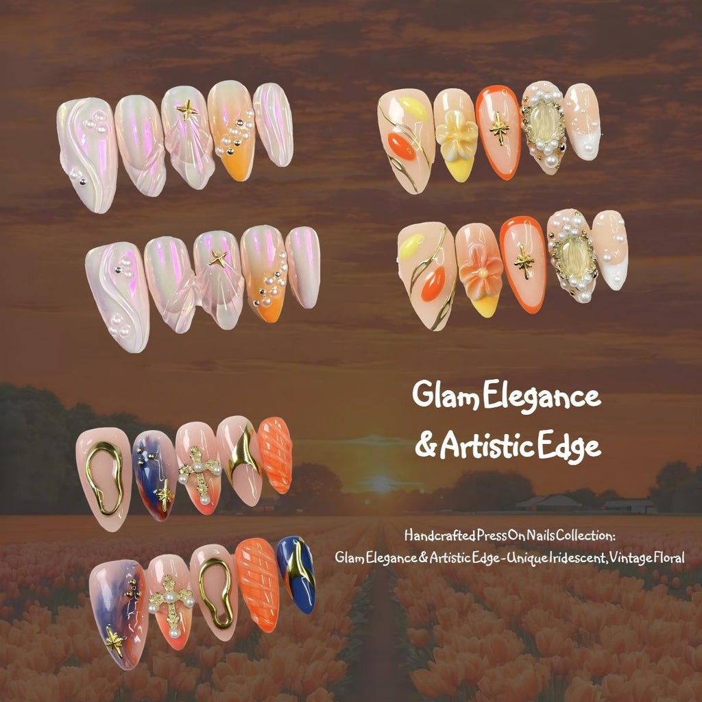 Handcrafted Press On Nails Collection: Glam Elegance & Artistic Edge - Unique Iridescent, Vintage Floral & Edgy Cross Designs