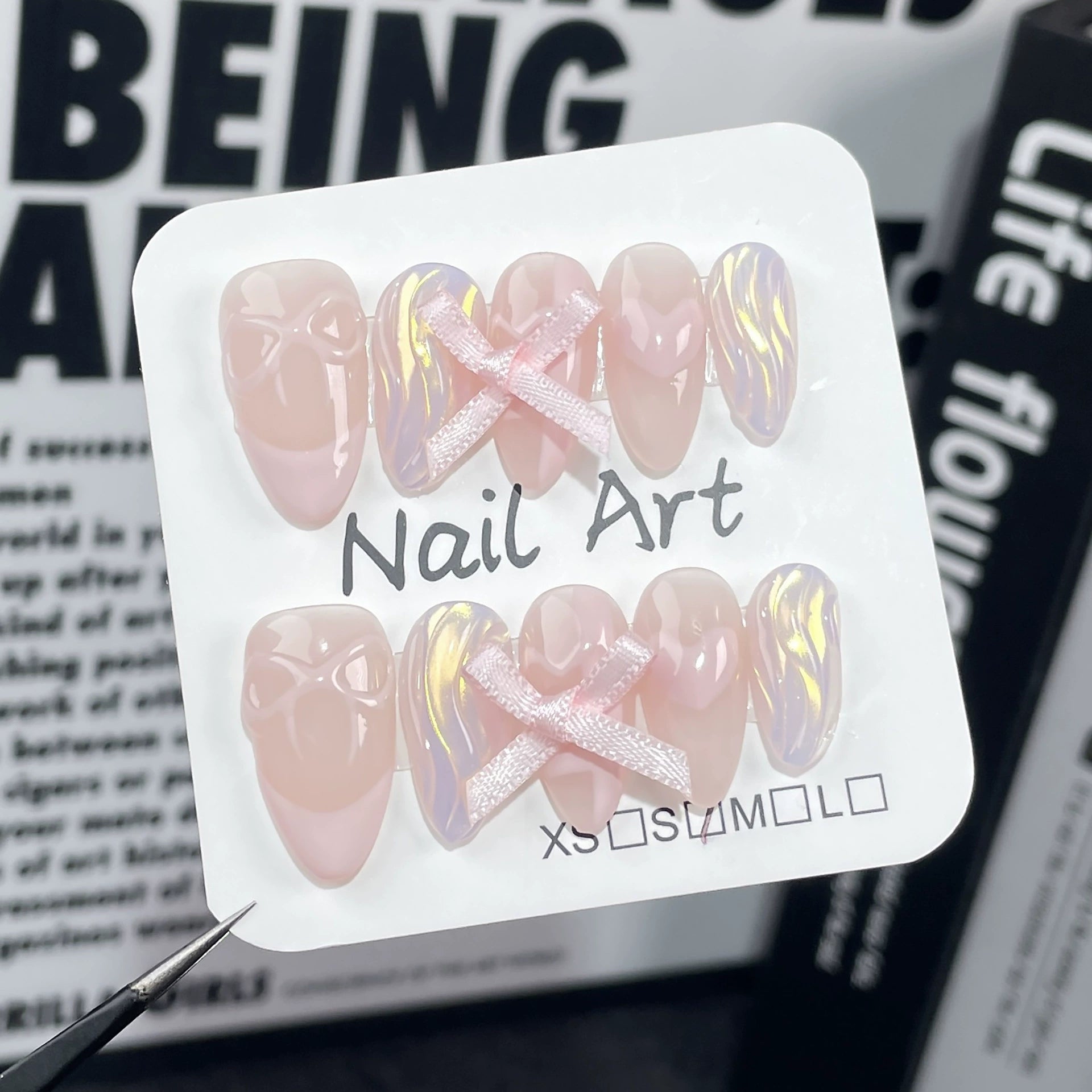 Sweet Aurora Pink Press-On Nails | 3D Ribbon Bow Iridescent Gradient Nails | Date & Party Nail Art