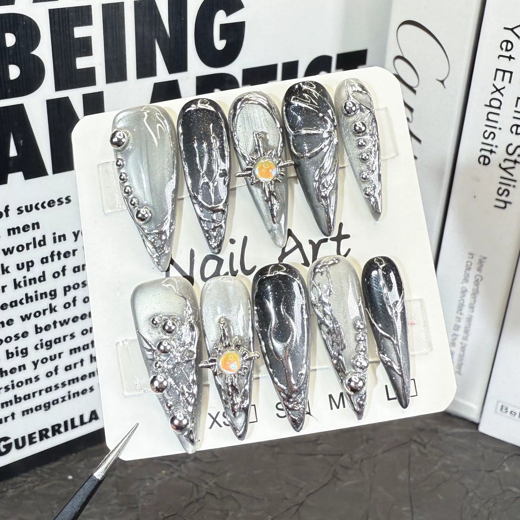 Silver Gray Futuristic Press-On Nails with Metal Spheres & Cross Charms | Industrial Cyberpunk Nail Art for Tech Shows, Music Festivals & NYE