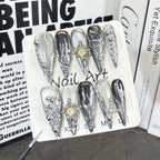 Silver Gray Futuristic Press-On Nails with Metal Spheres & Cross Charms | Industrial Cyberpunk Nail Art for Tech Shows, Music Festivals & NYE