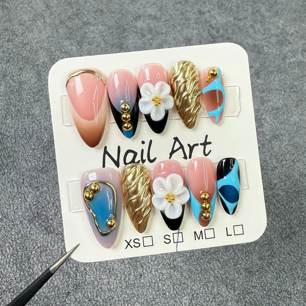 Chic Luxe Mix - Gradient Press-On Nails with 3D Flowers, Gold Waves & Color Blocks | Elegant Fusion Nail Art for Party, Date & Exhibition