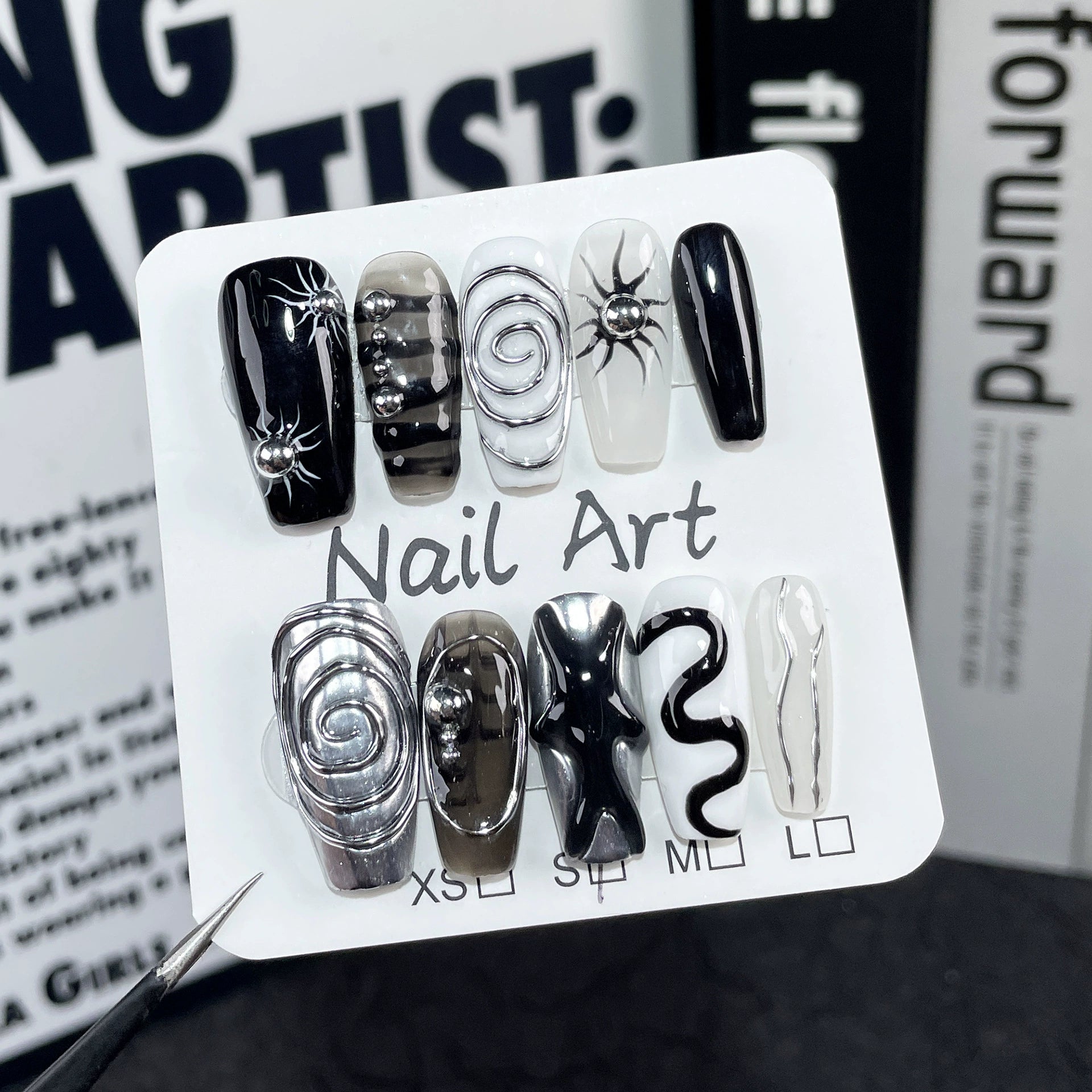 Minimal Cyberpunk Press-On Nails - Black, White & Silver with Metallic Spiral & Radiant Lines | Futuristic Nail Design for Tech Events, Party & Creative Studios