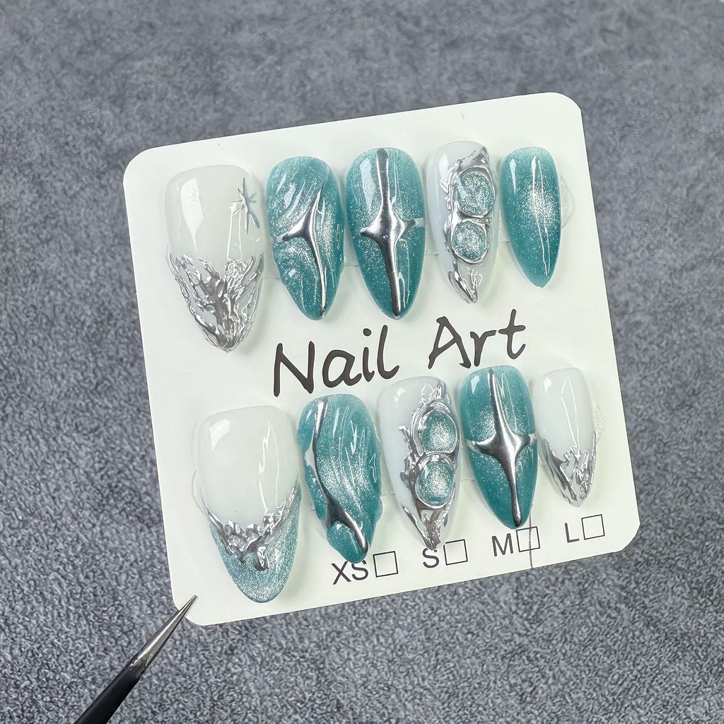 White and Light Blue Metallic Press-On Nails | Silver Line & Star Design | Futuristic Minimalist Nails for Daily & Fashion Look