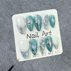 White and Light Blue Metallic Press-On Nails | Silver Line & Star Design | Futuristic Minimalist Nails for Daily & Fashion Look